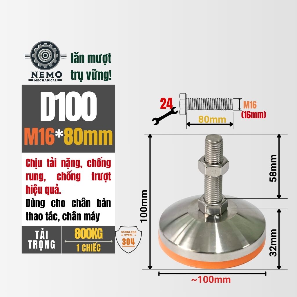 Chân Tăng Chỉnh Inox 304 Ren M16 – Đế Bát Dày Chịu Tải Siêu Nặng 800kg, Chống Ăn Mòn Tuyệt Đối
